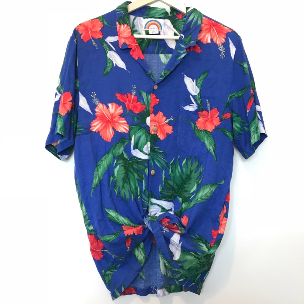 Tropical Floral Button-Down Shirt - Blue with Red Hibiscus